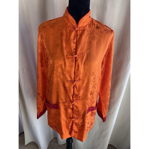 BLOOMINGDALES VINTAGE SILKY ORANGE/RED PAJAMA TOP /JACKET - Picture 1 of 9